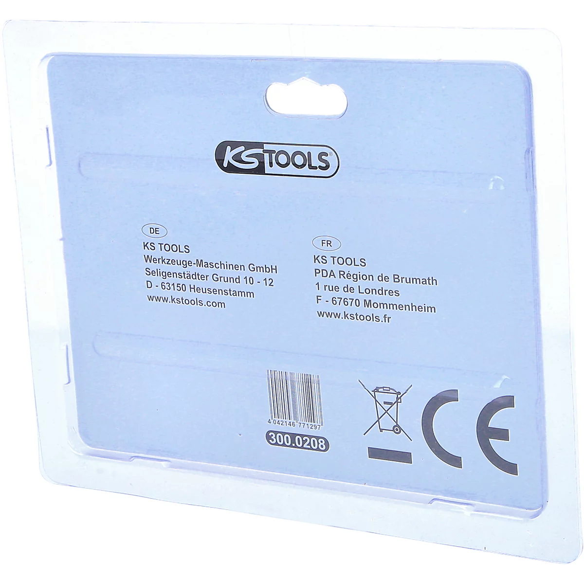 Rückseite einer KS Tools Verpackung. Blaues Papier mit Text und Logos, in transparenter Blisterverpackung. CE-Zeichen.